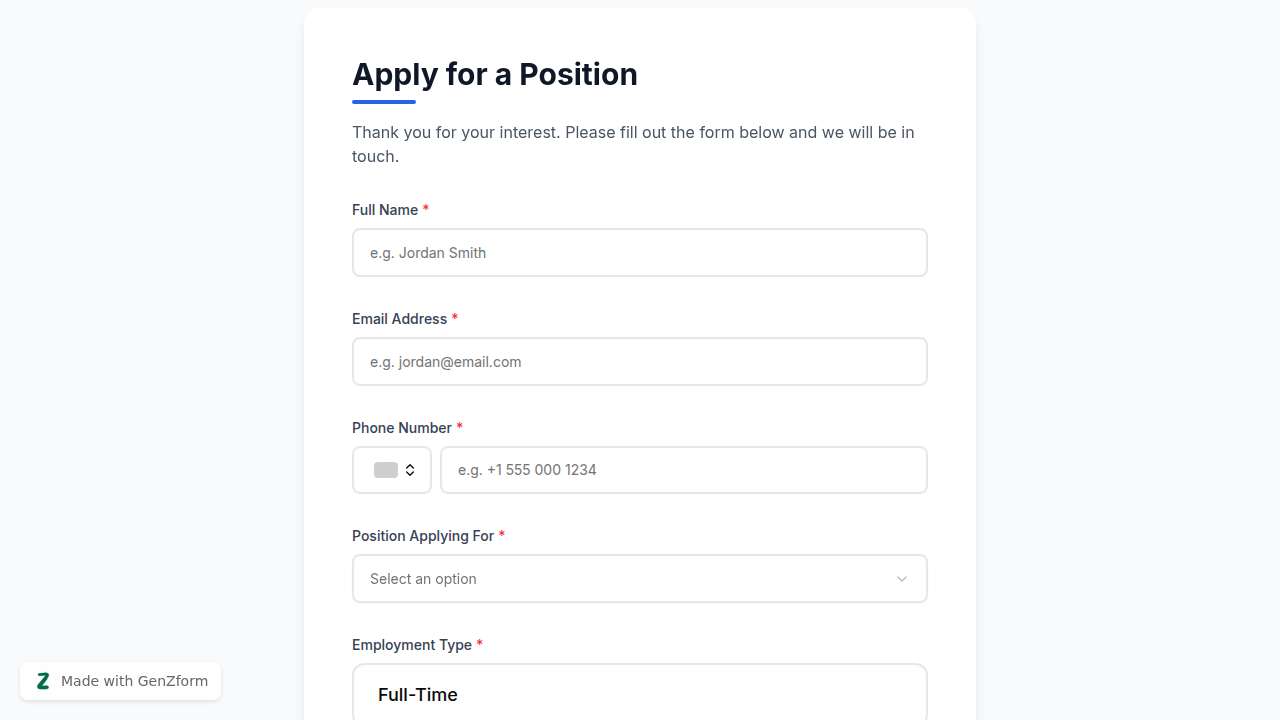 Job Application Form Template for Hiring Teams | GenZform