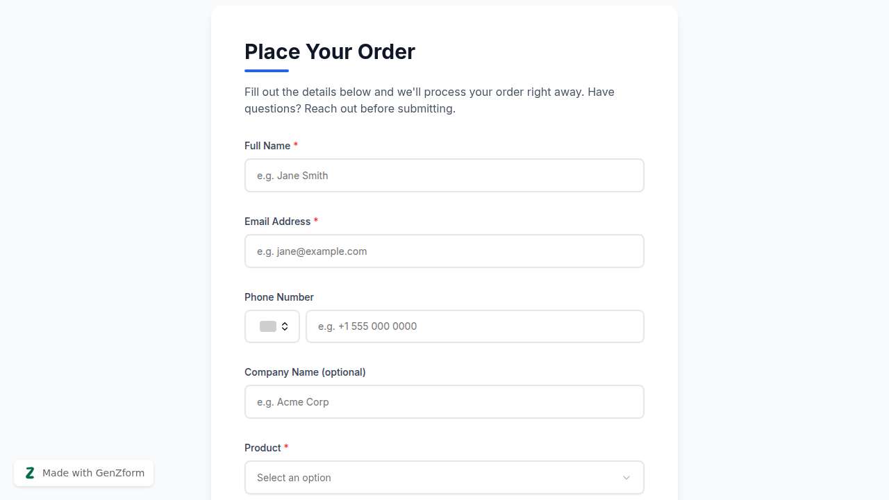 Product Order Form Template for Online Sales | GenZform
