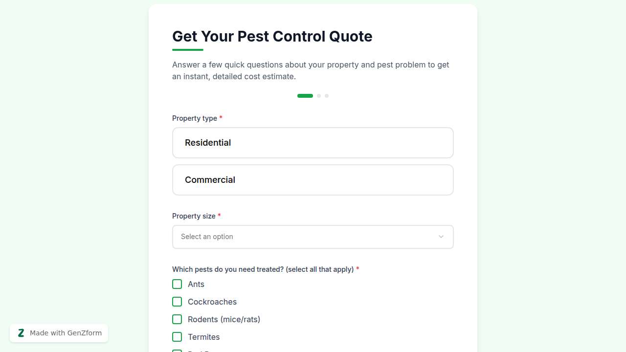 Pest Control Quote Calculator Template | GenZform