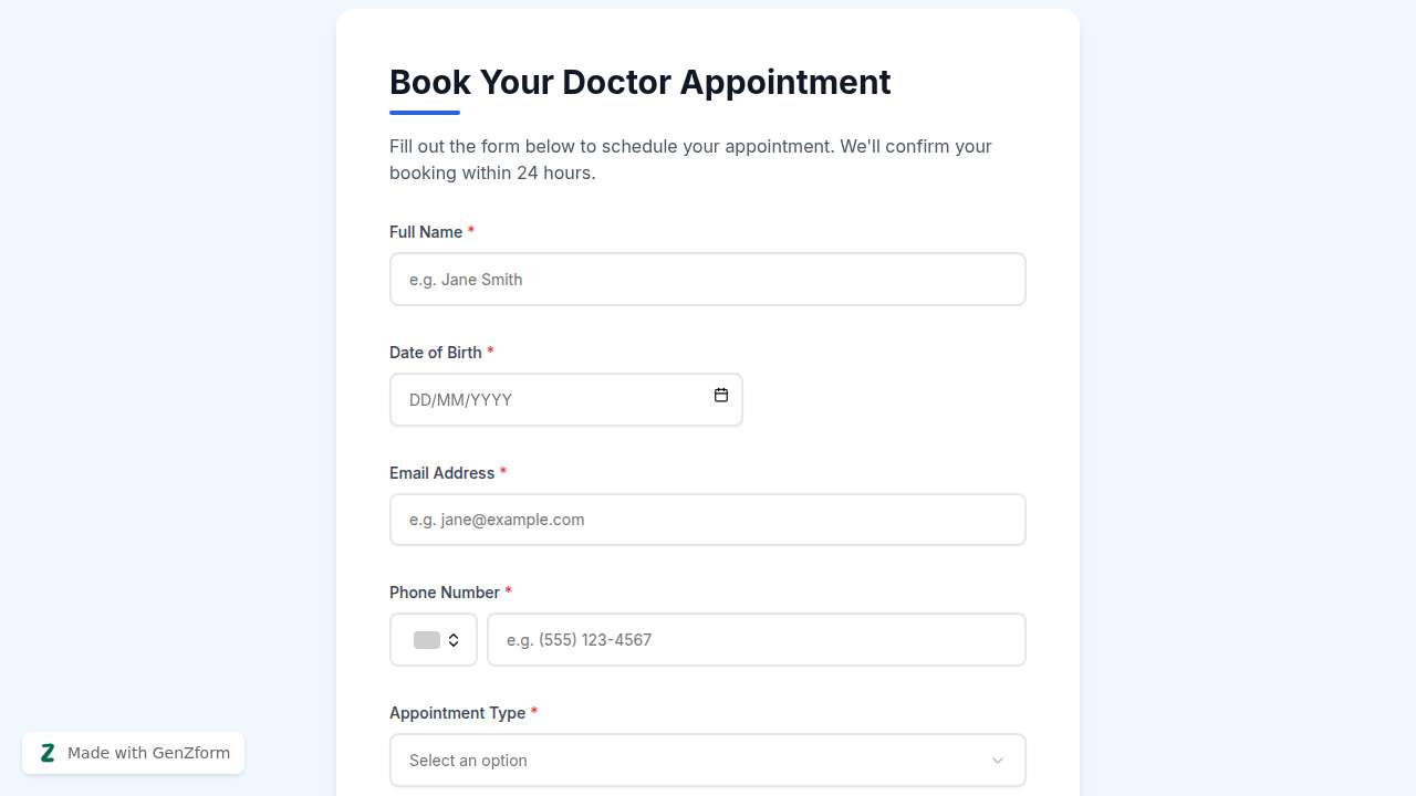 Doctor Appointment Booking Form Template for Medical Practices | GenZform