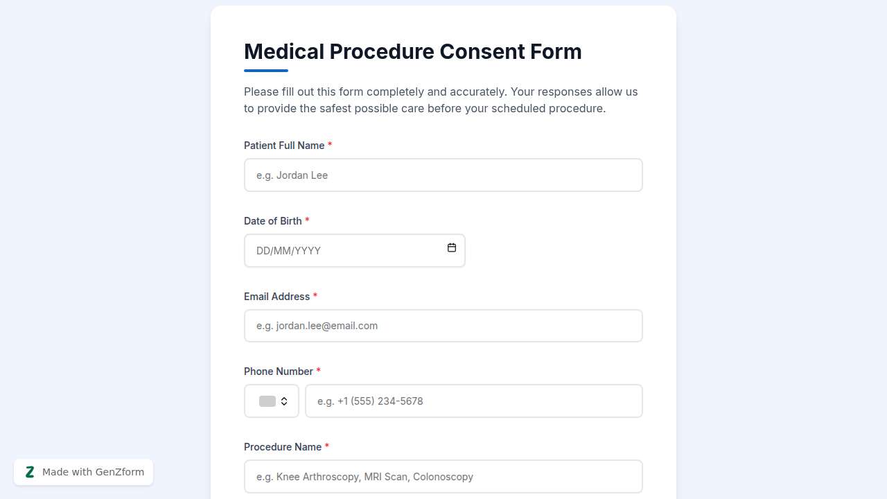 Medical Procedure Consent Form Template | GenZform
