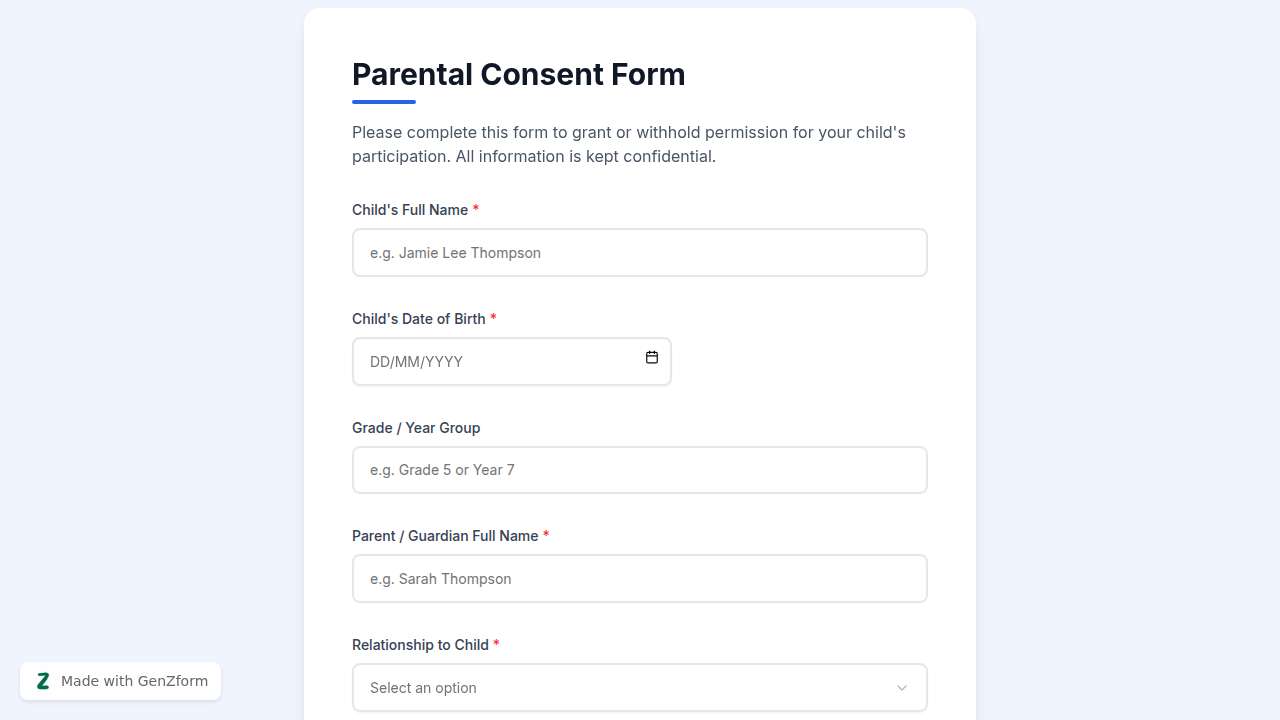 Parental Consent Form Template for Schools | GenZform